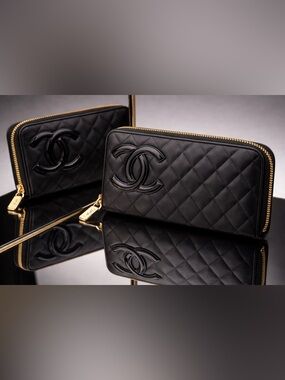 Chanel Cambon Zip Wallet Black Quilted CC Pink Interior WOC Excellent